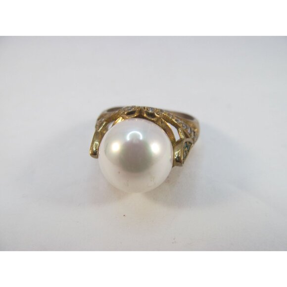 Faux Pearl Green and Clear Rhinestone Sterling Silver Gold Vermeil Ring Size 8.2 - Picture 10 of 12
